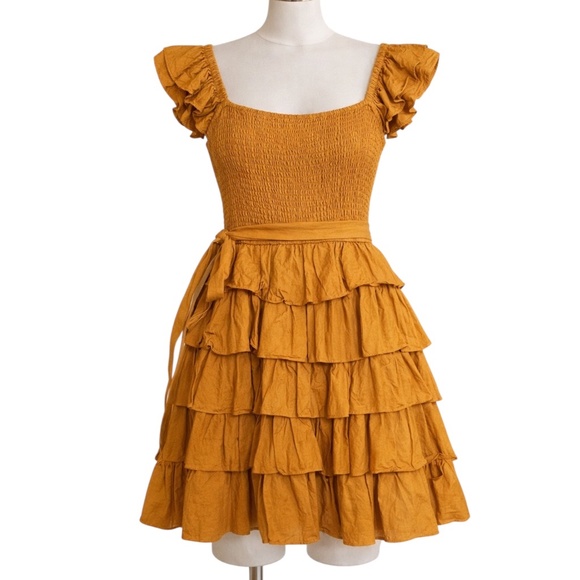 Tularosa Dresses & Skirts - TULAROSE Golden Mustard Yellow Smocked Ruffle Mini Dress SIZE XXS